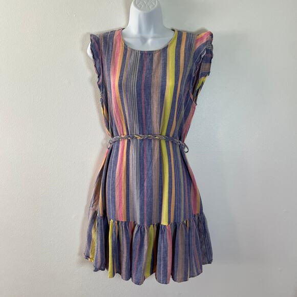 Marine Layer Laney Dress Womens Large Blue Stripe Linen Tencel Coastal Ruffle - Picture 1 of 9